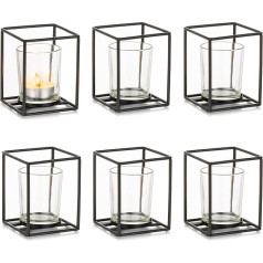 Romadedi Metal Black Tea Light Holder Lantern with Glasses Set of 6 for Candles Pillar Candle Living Room Wedding Birthday Home Decoration Table Decoration Gifts Christmas Decoration