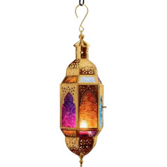 Purity Ornate Moroccan Style Tea Light Lantern - Multi-Colour Glass and Gold Metal (Small, 10 x 8.5 x 29.5 cm)