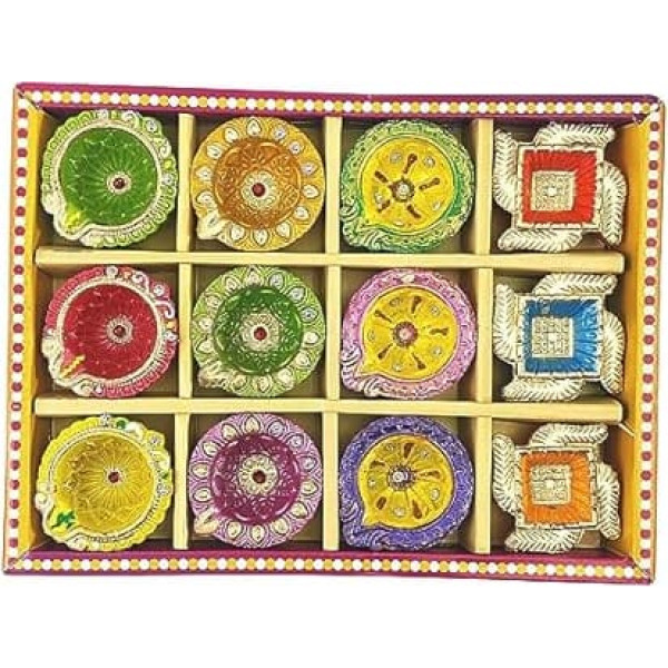 KSJONE 12 Pieces Handmade Clay Diya Batti Traditional Terracotta Natural Oil Lamp Deepak Welcome Dia Handmade Earthy Diyas for Lighting Decoration with Cotton Wicks