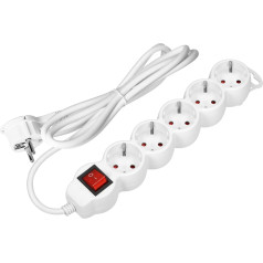 Pagarinātājs 5gang 2P+Z (Schuko), ar slēdzi, 5m H05VV-F 3x1.5mm2, Imax=16A, plakana kontaktdakša, balts