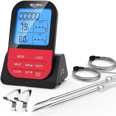 Mixcmax Grill Thermometer, Wireless Core Temperature Meter, Roasting Thermometer, Digital Meat Thermometer, Wireless with Timer, 2 Probes, LCD Display, Meat Thermometer for Steak, Oven, Garden, BBQ Grill