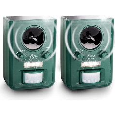 Gardigo ® Animal Repeller Ultrasonic Solar – Set of 2 I Marten Repellent, Cat Deterrent with Flash Light I Multi Frequency Device, 5 Modes, Total Area Approx. 75 m² (approx. 9 m, 110°) I Batteries and