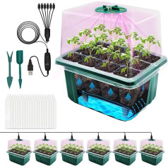 MQFORU Self-Watering Indoor Greenhouse Propagator with Plant Lamp, 6 Pieces, 72 Cell Mini Greenhouse Propagation Set with 3 Light Settings, Reusable Germination Tray Kits