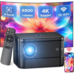 Mini Projector, Motorised Focus/Motorised Keystone Correction, Supports HD 4K Decoding, 6500 Lumen Display with High Brightness, ±15 Digital Correction, 5G Dual Band WiFi Home Cinema Projector
