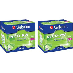 Verbatim CD-RW 700 MB, Pack of 20 Jewel Case, CD Blanks Writable, 52x Burning Speed with Long Life, Blank CDs, Audio CD Blank Rewritable, CD Empty