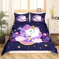 Unicorn Bed Linen Kids Bed Linen Unicorn 135 x 200 cm Girls Purple Unicorn Children's Bed Linen Flowers Horse Bedding Set Pink Yellow and Rainbow Unicorn Duvet Cover with Zip Unicorn Bedding