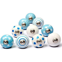 Set of 8 White and Blue Ceramic Knobs Hand Painted with Assorted Designs Handmade Handles for Cupboards, Drawers, Dressers and Hangers Classic Knobs 40mm Diameter