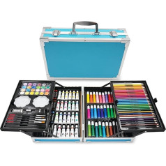 Halobios 144-Piece Painting Set, Deluxe Aluminium Box & Drawing Kit, Painting Box with Colouring Pencils, Markers, Wax Crayons, Acrylic Paints, HB Pens, Brush, Watercolour Cake, Painting Case Children