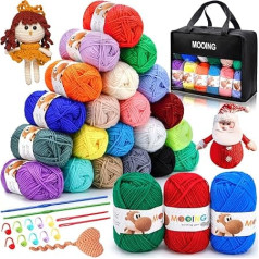 MOOING 24 Colours Acrylic Wool Set, Cotton, with 2 Crochet Hooks, 40 g Cotton Yarn, Wool for Knitting for Making Pet Clothes, Hats, Towels, Gloves
