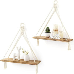 Mkono Macrame Wall Shelf, Wooden Shelf, Boho Decorative Hanging Shelf, Cotton Rope, Hand-Woven Floating Shelf, Balcony, Bathroom, Living Room, Bedroom, Children's Room, Set of 2