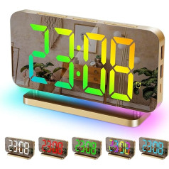 Sukeen Digital Alarm Clock, 7.4 Inch Alarm Clock Digital Clock, Mirror Digital Alarm Clock with 11 Colours Digital Display, 10 Modes RGB Night Light, USB-C Charging Port, Volume, Brightness, Table