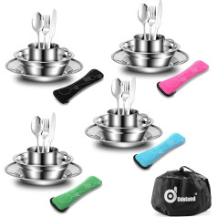 Odoland camping cutlery set, outdoor travel cutlery made of stainless steel, folding cutlery with neoprene case, plate cup, ideal for outdoor cookware, travel, hiking, camping.
