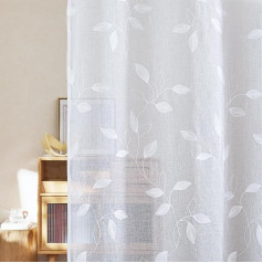 PONY DANCE Living Room Curtains, Transparent Voile Curtains with Eyelets, Set of 2, H 245 x W 132 cm, Linen Look Curtains with Embroidery, White Sheer Curtain with Leaf Pattern
