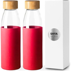 ShyaWorld Glass Bottle with Silicone Sleeve Neoprene Water Bottle with Transparent Body and Coloured Surface, Reusable, with Screw Cap, Bamboo Effect, Wood, 540ml (2 Pack, Red)