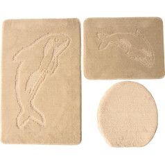 Gökyildiz Dolphin Bathroom Set 3-Piece Plain Bath Mat 55 x 85 cm Toilet Mat Rectangular for Wall-Mounted Toilet (Beige)