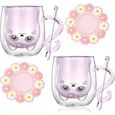 Arawat Set of 2 Cat Cups Pink Glass Double-Walled Glasses Cat with Pink Handle Coffee Cup with Spoon and Coaster Coffee Mug Cups Cat Glasses Tea Cup Birthday Gift for Women Girlfriend