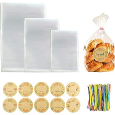 UYUYong Pack of 150 Cellophane Bags Clear Safety Candy Bag Transparent with 150 Ribbons Labels 3 Sizes Clear Cellophane Bags for Birthday Party Sweets Biscuits Snacks