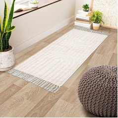 INKAROBOX Boho Bathroom Rugs, Handmade Washable Beige Bath Mat with Tassels, Kitchen Runner, Farmhouse Cotton Entrance Rug for Bedroom (Beige Rainbow, 60x130cm)