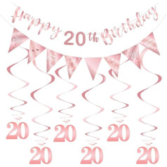 20th Birthday Decoration Kit for Women, Happy 20th Birthday Banner Bunting Swirl Streamers, Triangle Flag Banner for Birthday Party Decorations Supplies, Rose Gold 20