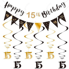 15th Birthday Decoration Kit for Boys Girls, Happy 15th Birthday Banner Bunting Swirl Streamers Triangle Flag Banner for Birthday Party Decorations Supplies Black and Gold 15