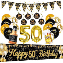 50th Happy Birthday Decorations Set, Black Gold 50th Happy Birthday Banners, 50th Birthday Balloons ,Triangle Flags for 50th Birthday Party Decoration Party Supplies