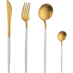 TUPMFG 16 Piece Metal Cutlery Set with White Handle Stainless Steel Cutlery Set with Knife/Fork/Spoon, Durable Cutlery and Dishwasher Safe