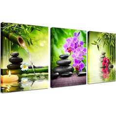 Zen Decor Green Bamboo Canvas Wall Art 3 Panels Framed Paintings for Living Room Bedroom Kitchen Home Office Stones and Orchid Spa Poster Still Life Modern Artwork