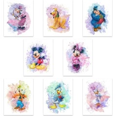 Mickey Mouse Watercolor Prints - Unframed Set of 8 (8 x 10 Inch) Mickey Mouse Wall Art Decor - Minnie Mouse Room Decor - Donald Ducks Daisy Duck Goofy Pluto Decor Poster