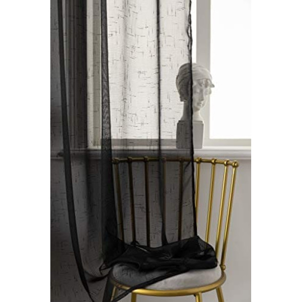 GIRASOLE 1 Pair of Sheer Voile Curtains Linen Look Living Room Bedroom Balcony Window Indoor Curtains 2 Eyelet Curtains (Black, 140 x 290 cm)