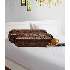 Stylo Culture Ethnic Tubular Brocade Bolster Cushion Covers Coffee Brown Gold Elephant Jacquard Round Meditation Cushion Traditional Flowers Decorative Sofa Cushion Covers - (76 x 38 cm) Set of 2