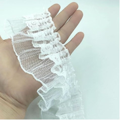 YOOGCORETT 9 Yards White Fabric Pleated Lace Edge Ruched Mesh Chiffon Ribbon Embroidered Applique Sewing for DIY Sewing Wedding Bridal Dress Clothing Embellishment 2.3 Inch