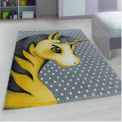 BRAVICH Children's Rug, Blue/Pink/Grey, Pastel Colours, Super Soft, Thick, Hypoallergenic, Children's Bedroom Rug, 100% Polypropylene, Unicorn Yellow, 160 x 230 cm (5ft3