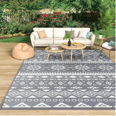 Mokani Outdoor Weatherproof Rug, Reversible Balcony Camping Rug, 180 x 270 cm, Plastic Straw Patio Mat, UV-Resistant Outdoor Rug, Rug for Garden, Zip, Picnic, Boho Style, Grey