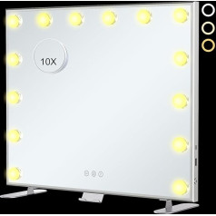 Hollywood Dressing Table Mirror with Lighting 60 x 53 cm, Pack of 14 Dimmable Bulbs, Large Cosmetic Mirror with Light 3 Modes, Table Mirror with Glass Mobile Phone Holder (Frame & Support Made of