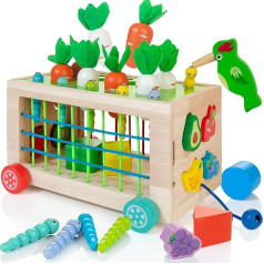 WOODMAM Montessori Holzspielzeug für Kleinkinder, 6-in-1 Sortieren & Stapeln Aktivität Würfel Wagen mit Bändern, Karottenernte & Obst Match, Lernspielzeug Geschenk für Jungen Mädchen 1-3 Jahre älter