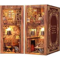Fsolis Book Nook Kit, DIY Bookend Model Kit Made of Wood, Book Nook Miniature House, 3D Wooden Puzzle Bookends Made of Wood, Puzzle/Model Shelf Insert, Bookcase Insert Kits with LED Light