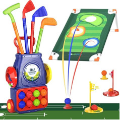 QDRAGON Kids Golf Clubs, 2 in 1 Toddler Golf Set with 8 Balls/Cornhole Board & Putting Mat/Golf Cart with Wheels, Indoor Outdoor Sports Toy, Gifts for Boys and Girls Age 3