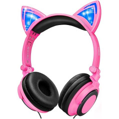 LOBKIN Cat Ear Kopfhörer, Faltbarer Draht übers Ohr tragbare Kinderkopfhörer mit leuchtendem Licht für Mädchen Kinder Cosplay Fans, kompatibel für iPhone, Android Handy