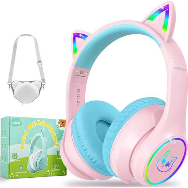 LOBKIN Children's Bluetooth Headphones, Over Ear Children's Headphones Wireless with Microphone 50H Playtime Colourful LED Lights AUX Cable 94 dB Safe Volume Limited Foldable Design for Boys Girls