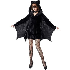 LIAWEI Halloween Bat Costume 4-Piece Set Women's Black Bat Dress with Hood Carnival Dress Up Zip Bat Costume