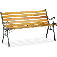 Relaxdays Garden Bench, 2 Seater, HBT 74 x 126 x 53 cm, Wood, Cast Iron, Outdoor Bench, Sturdy Park Bench, Natural/Black