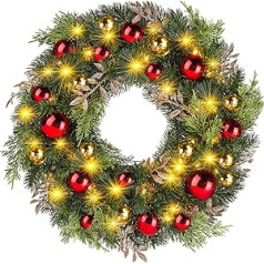 Ulinek Door Wreath Christmas Battery [40 LED 40 cm] Christmas Wreath with Lighting Artificial Pine Needles Leaves Red/Gold Balls Made of PE Christmas Decoration for Front Door Stairs Shop Window