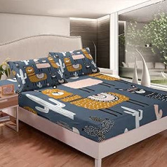 Cute Llama Fitted Sheet Children's Cartoon Boho Llama Alpaca Fitted Sheet 90 x 200 cm for Girls Teenagers Room Kawaii Bohemian Animal Decor Bed Sheet Set Cactus Botanical Blue 2 Pieces