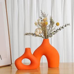 Sawoake Orange Ceramic Vase Set of 2 for Modern Home Decor, Round Matte Doughnut Vases for Pampas Grass, Neutral Boho Nordic Minimalism Style Flower Vases for Living Room, Wedding