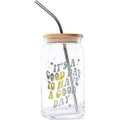 NPW Good Vibes Have a Good Day Can Jar with Lid and Metal Straw - Lightweight, High Quality Can Glass for Beer, Juice, Water, Lemonade, Iced Coffee for Good Mood