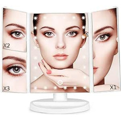 Make-Up Mirror, 3 Sides Cosmetic Mirror, Table Mirror with 21 LEDs, Foldable, Dimmable, 90 Degree Adjustable Rotation, Magnification Modes 1 x 2 x 3 X, USB Rechargeable, for Make-Up, Shaving (White)