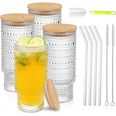 Aikio Glass with Lid and Straw, Set of 4 473 ml Iced Coffee Glasses, Aesthetic Cocktail Glasses, Retro Drinking Glass with Dot Pattern, Glass Cups, Bubble Tea Cups for Coffee, Beer, Cocktail Boba