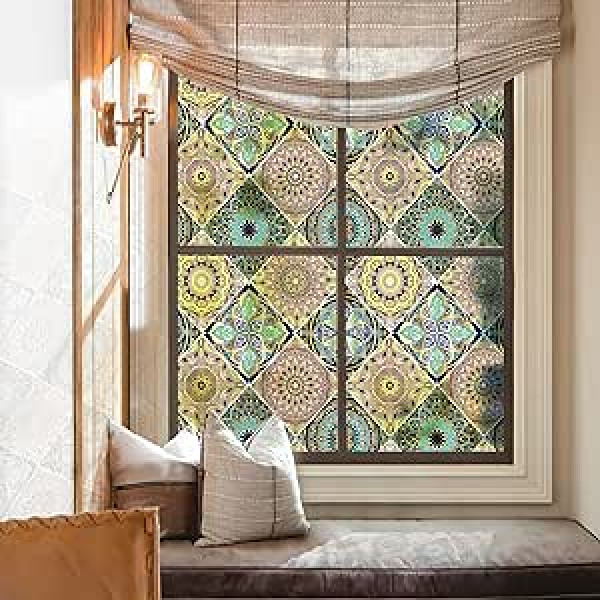 dktie Decorative Film Self-Adhesive Stained Glass Window Film Non-Adhesive Privacy Film Frosted Glass Film Window Anti-UV Heat Control Film for Home Decor (90 x 200 cm, Multi)
