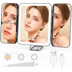 Micacorn Make-up Mirror with LED Light, 1 x 3 x 7 x Enlarged Portable Travel Mirror, USB Charging, Foldable Cosmetic Mirror, Touchscreen 3 Colours, Brightness, Adjustable Cosmetic Mirror