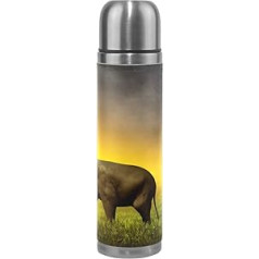 LDIYEU Elefanten Sonnenuntergang Feld Sport Wasserflasche Edelstahl Trinkflasche Thermoflasche Thermoskanne 500 ml Auslaufsichere Flasche Leder Verpackung Sportflasch